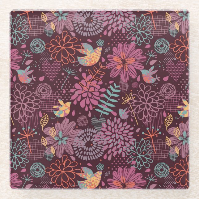 Dessous-de-verre En Verre Motif floral abstrait avec des oiseaux (Devant)