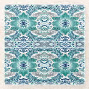 Dessous-de-verre En Verre Motif floral baroque sarcelle et bleu élégant