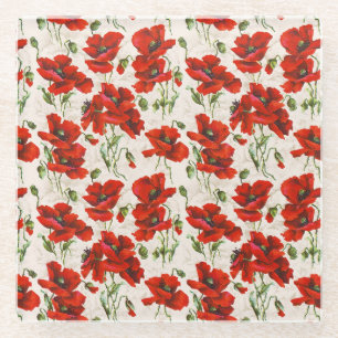 Dessous-de-verre En Verre Motif floral vintage rouge coquelicot Art botaniqu