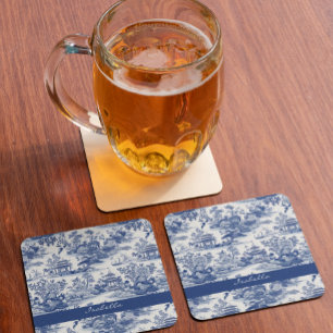 Dessous-de-verre En Verre Motif personnalisé de chinoiserie Pagode bleu blan
