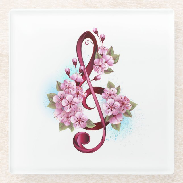 Dessous-de-verre En Verre Musical treble clef notes with sakura flowers (Devant)