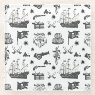 Dessous-de-verre En Verre Navires, Canons, épées et vin Pirate Thème