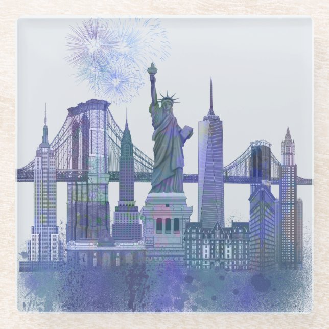 Dessous-de-verre En Verre New York Skyline - Aquarelle bleue (Devant)