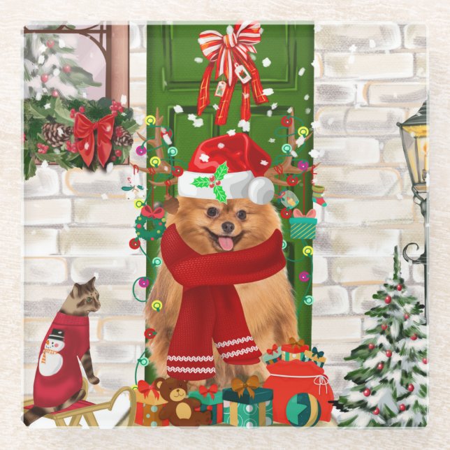 Dessous-de-verre En Verre Noël du chien de Poméranie (Devant)