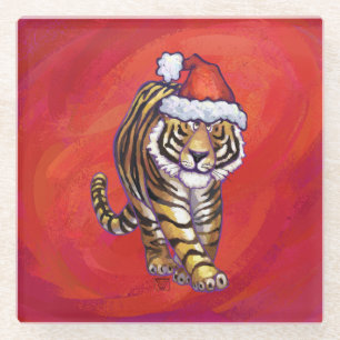 Dessous-de-verre En Verre Noël du tigre en rouge