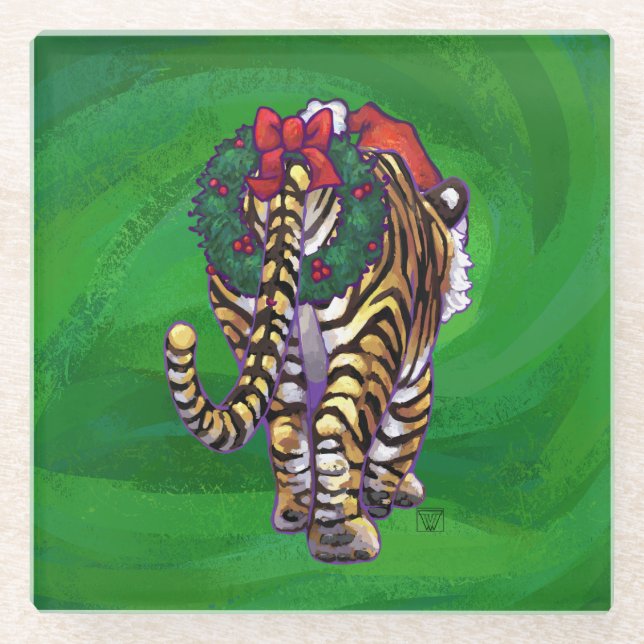 Dessous-de-verre En Verre Noël Tigre Sur Vert (Devant)