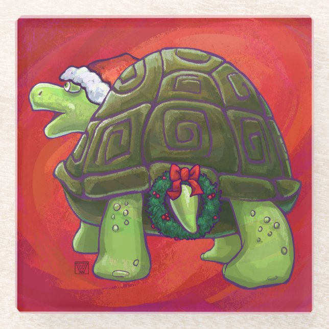 Dessous-de-verre En Verre Noël Tortue Sur Rouge (Devant)