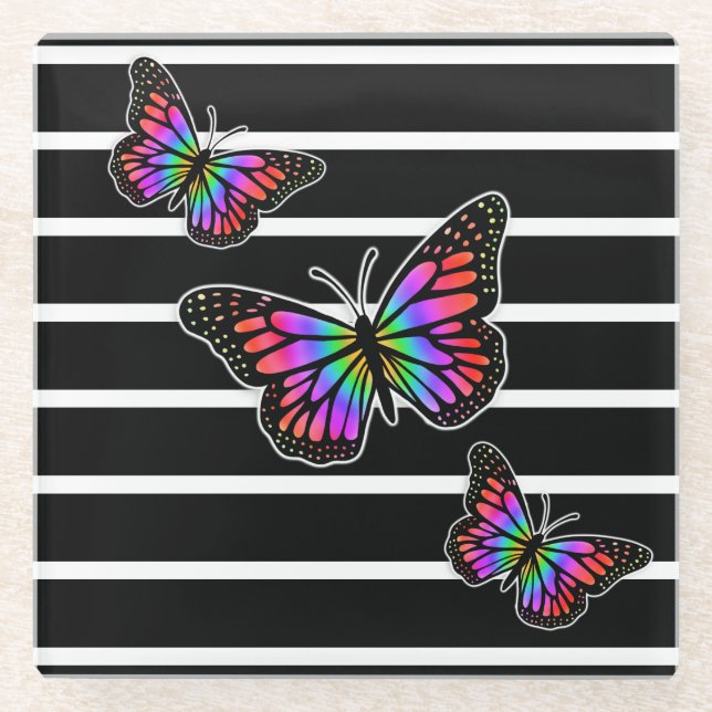 Dessous-de-verre En Verre Noir et Papillon rayé moderne (Devant)