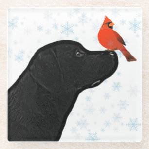 Dessous-de-verre En Verre Noir Labrador Noël et cardinal