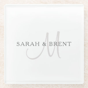 Dessous-de-verre En Verre Nom de famille élégant Monogramme Blanc & Gris