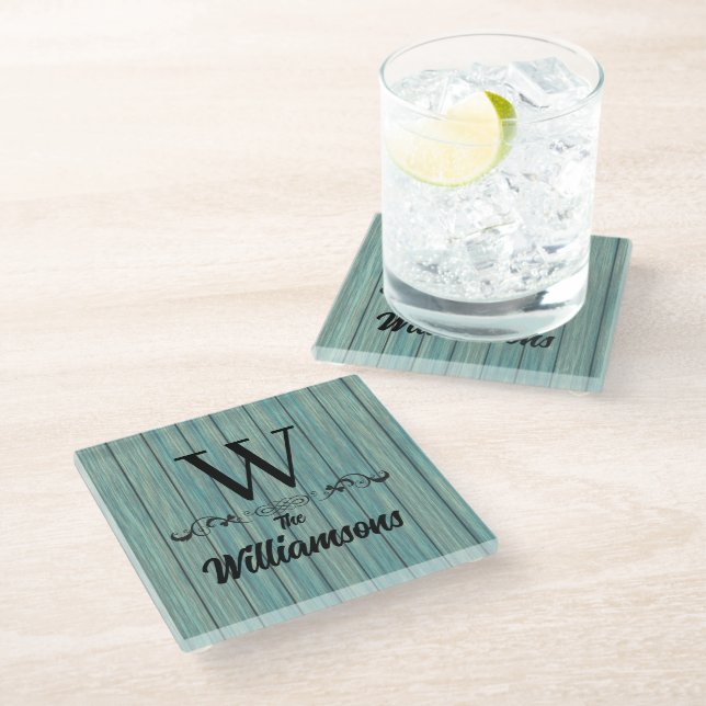 Dessous-de-verre En Verre Nom de famille Monogram Rustic Blue Wood (Incliné)