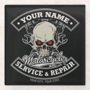 Dessous-de-verre En Verre Nom personnalisé Biker Mécanique Skull Motorcycl