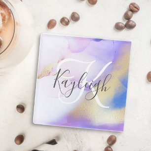 Dessous-de-verre En Verre Nom personnalisé Monogram Purple Aquarelle Luxe