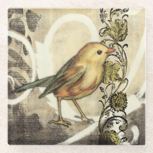 Dessous-de-verre En Verre Oiseau jaune et vert sur Arrière - plan Vintage