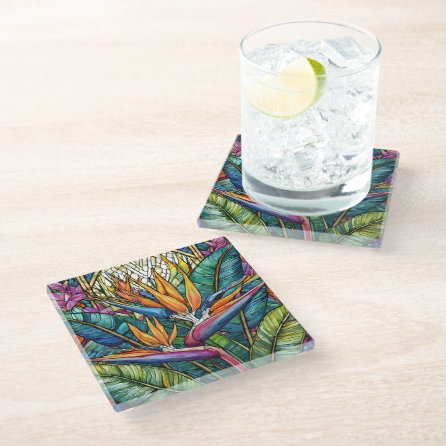 Dessous-de-verre En Verre Oiseau tropical du Paradis Vitrail (Incliné)