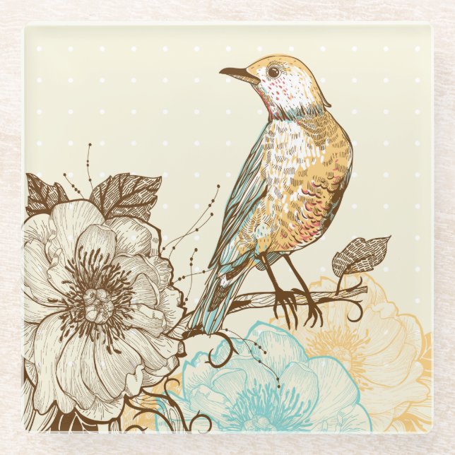 Dessous-de-verre En Verre Oiseaux et fleurs (Devant)