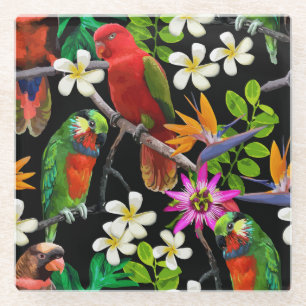 Dessous-de-verre En Verre Oiseaux exotiques Belles Fleurs Motif