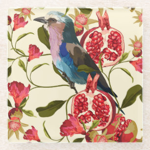 Dessous-de-verre En Verre Oiseaux exotiques, fleurs, grenade, tropicale.