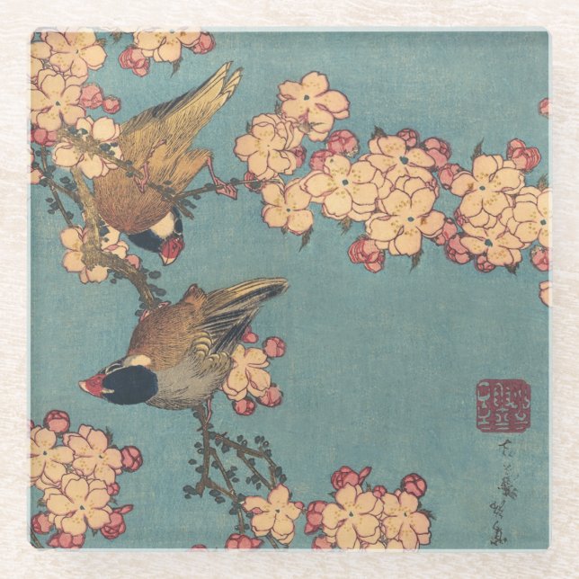 Dessous-de-verre En Verre Oiseaux Fleurs Hokusai Art Japonais (Devant)