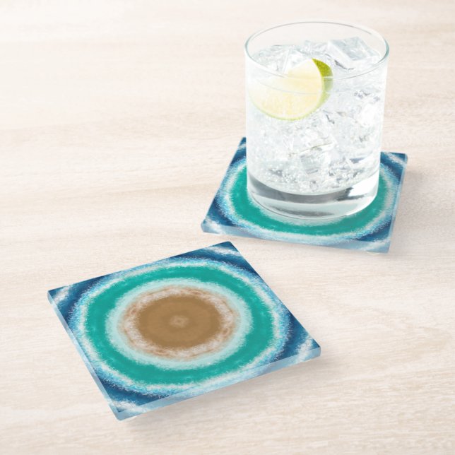 Dessous-de-verre En Verre Ondes d'océan rondes Turquoise et Turquoise (Incliné)