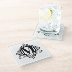 Dessous-de-verre En Verre Ornate Monogram Design Glass Coaster