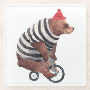 Dessous-de-verre En Verre Ours d'amusement de bicyclette