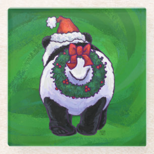 Dessous-de-verre En Verre Ours de panda à Santa Hat sur Vert