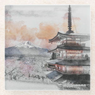 Dessous-de-verre En Verre Pagode japonaise et Fuji aquarelle 