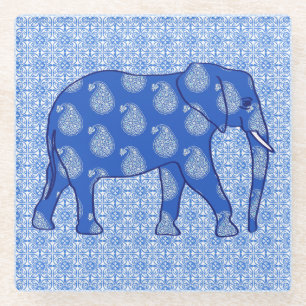 Dessous-de-verre En Verre Paisley éléphant - bleu cobalt et blanc