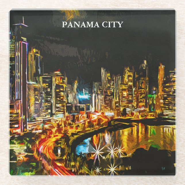 Dessous-de-verre En Verre Panama City By Night Aquarelle Peinture Skyline (Devant)