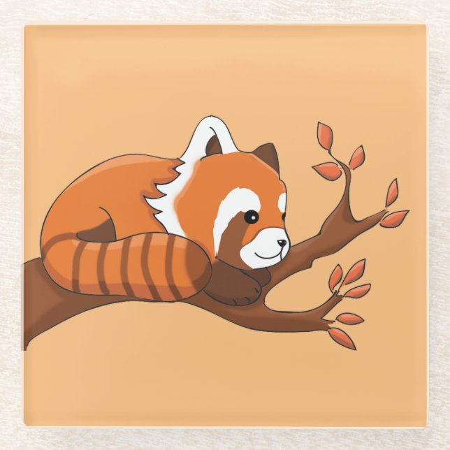 Dessous-de-verre En Verre Panda rouge caricature mignonne dans l'arbre (Devant)