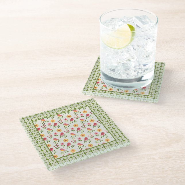 Dessous-de-verre En Verre Panneau Retro Pink Spring Birds (Incliné)
