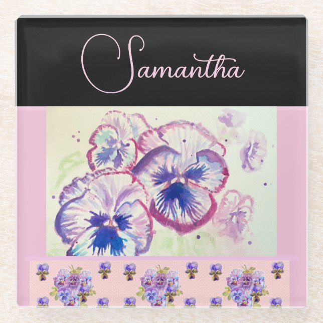 Dessous-de-verre En Verre Pansies rose Pansy Aquarelle Fleurie art (Devant)