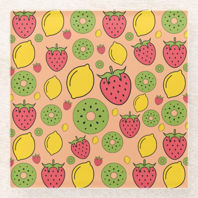 Dessous-de-verre En Verre Papier peint de fruits : fraises, citrons, kiwis. (Devant)