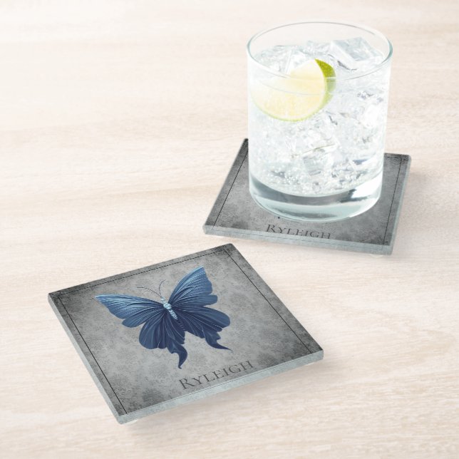 Dessous-de-verre En Verre Papillon à bijoux bleu (Incliné)