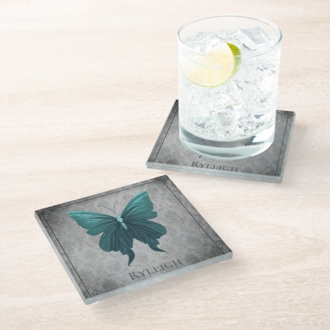 Dessous-de-verre En Verre Papillon à bijoux turquoise (Incliné)