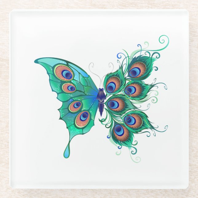 Dessous-de-verre En Verre Papillon aux plumes de paon vert (Devant)
