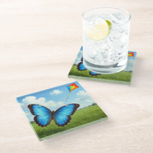 Dessous-de-verre En Verre Papillon Morpho Commun Faisant Voler un Cerf-Volan