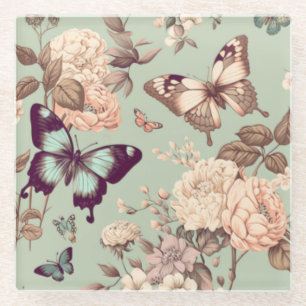 Dessous-de-verre En Verre Papillons et fleurs ω vue ρ décor vert clair