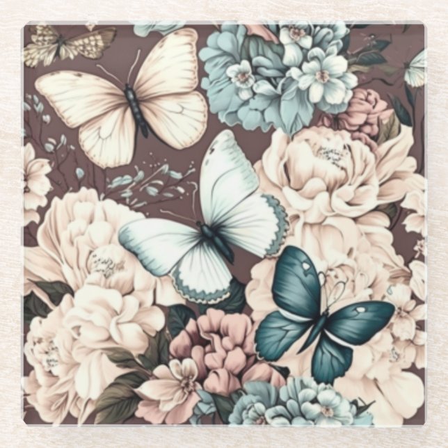 Dessous-de-verre En Verre Papillons et fleurs brunes (Devant)