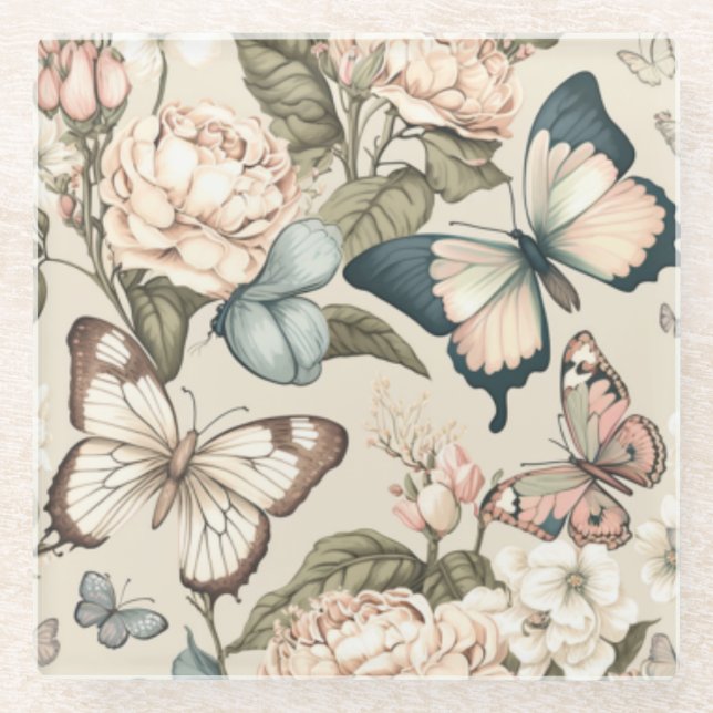 Dessous-de-verre En Verre Papillons et fleurs pastel (Devant)