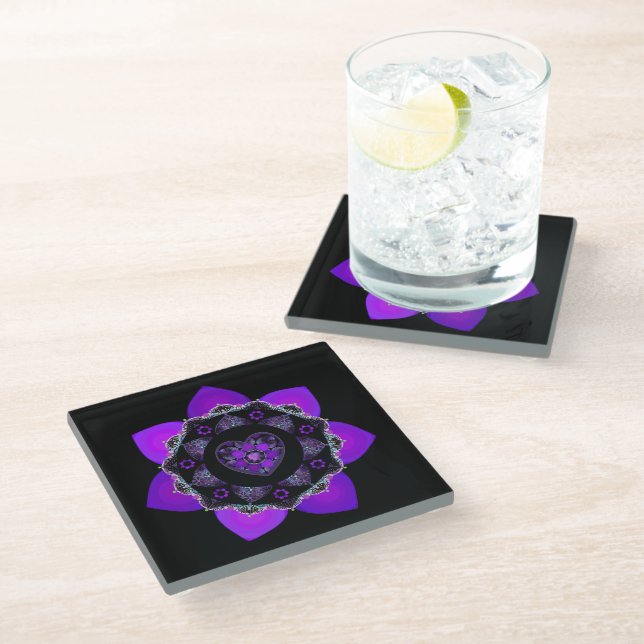 Dessous-de-verre En Verre Parapluie violet & coeurs .7 (Incliné)