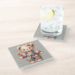 Dessous-de-verre En Verre Pastel Teddy Bear Holding Flower Wear Overalls