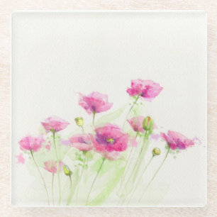 Dessous-de-verre En Verre Pavots peints 3 d'aquarelle