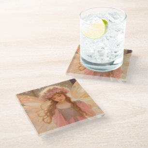 Dessous-de-verre En Verre Peinture Imaginaire Fée Rose Cute