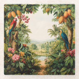 Dessous-de-verre En Verre Perruches Tropicales Fleur de Cacao Aquarelle