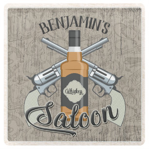 Dessous-de-verre En Verre Personnalisé NOM Cowboy Revolver Gun Whiskey Salo
