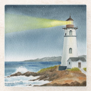 Dessous-de-verre En Verre Phare côtier avec faisceau lumineux