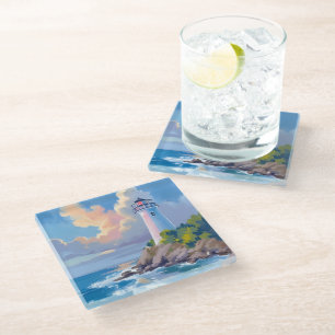 Dessous-de-verre En Verre Phare côtier Vagues de l'océan bleu mer