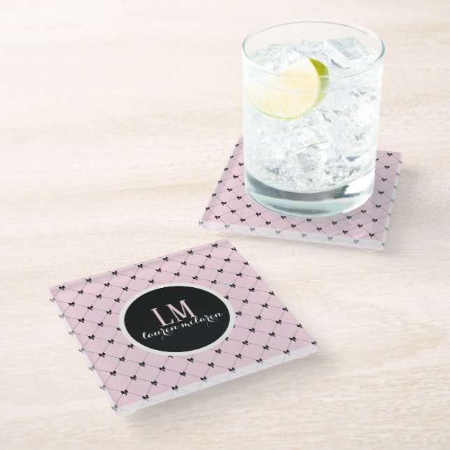 Dessous-de-verre En Verre Pink & Black Bow Monogram (Incliné)